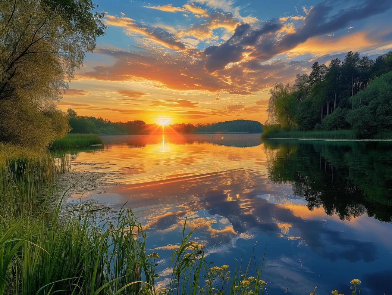 AI generated Sunset over the lake. Beautiful summer landscape. Nature composition. photo