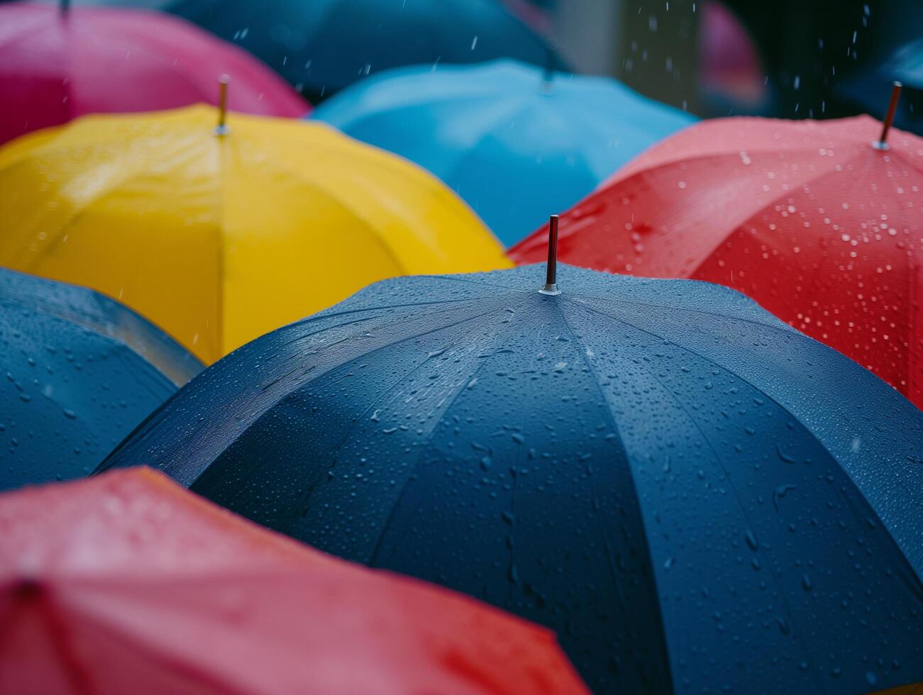 AI generated Colorful umbrellas in the rain. Shallow depth of field photo