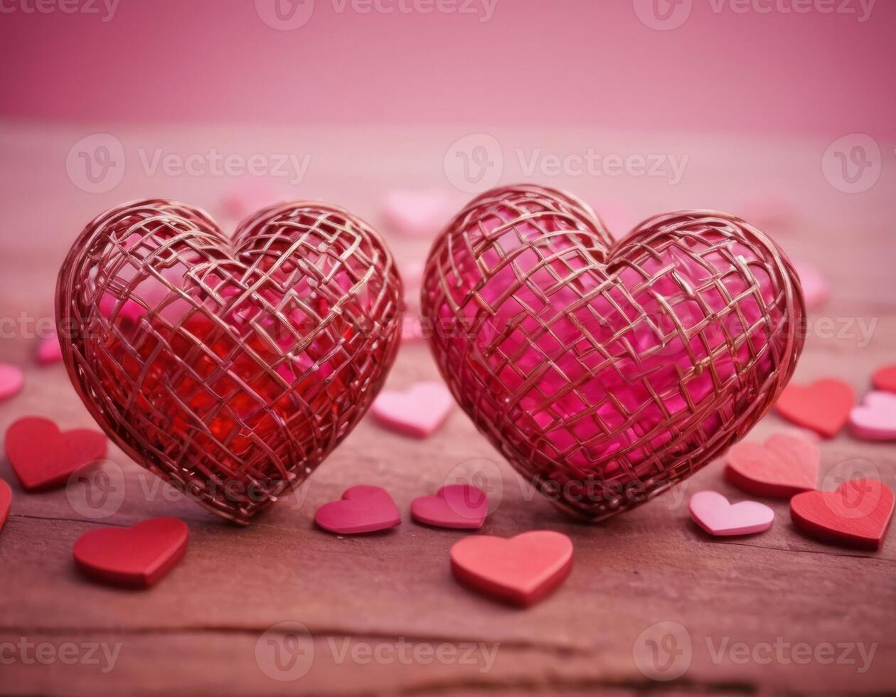 AI generated Two pink and gold hearts photo