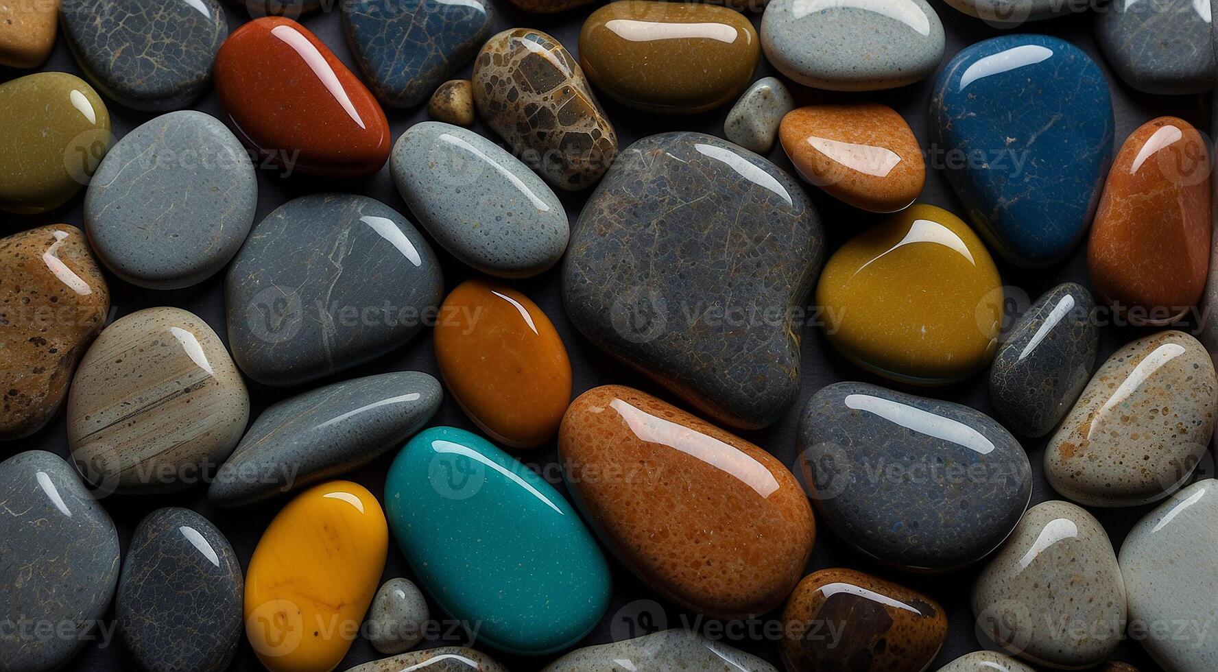 AI generated beautiful beach colored stones in the beach side with waves at the night, phosphorus stones, colored beach stones background photo