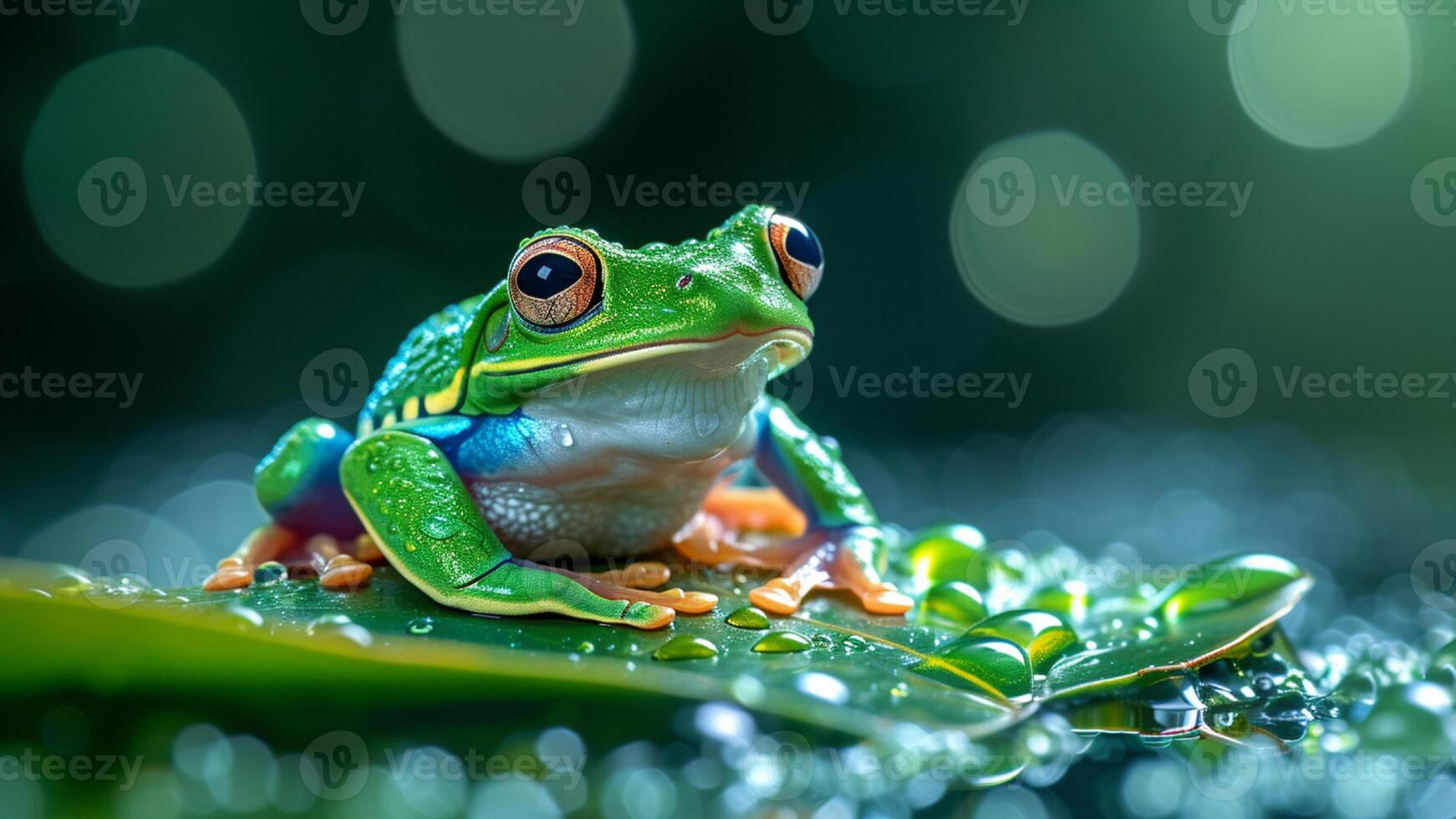 AI generated a bright green tree frog sitting on a leaf above the water photo