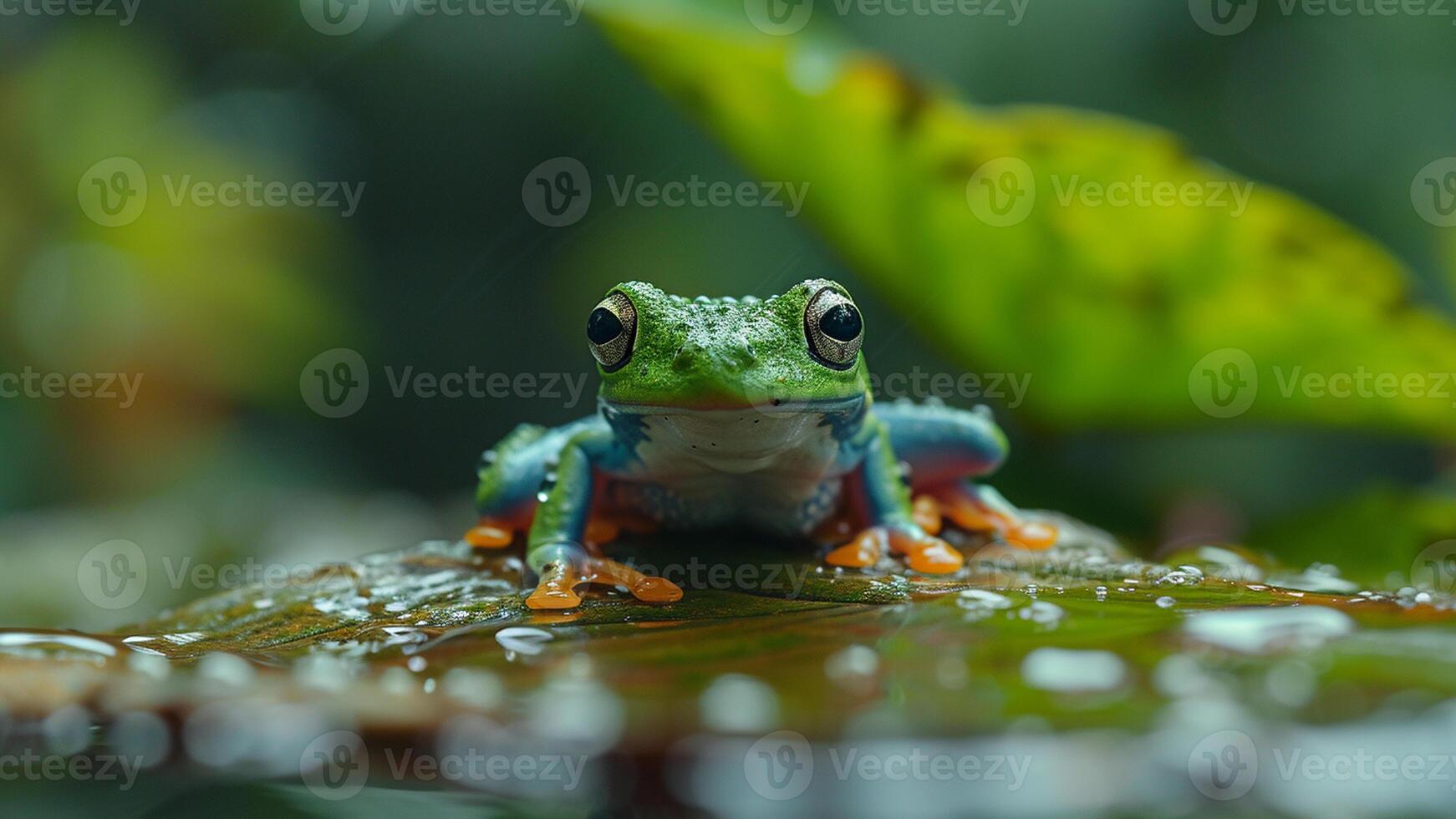 AI generated a bright green tree frog sitting on a leaf above the water photo