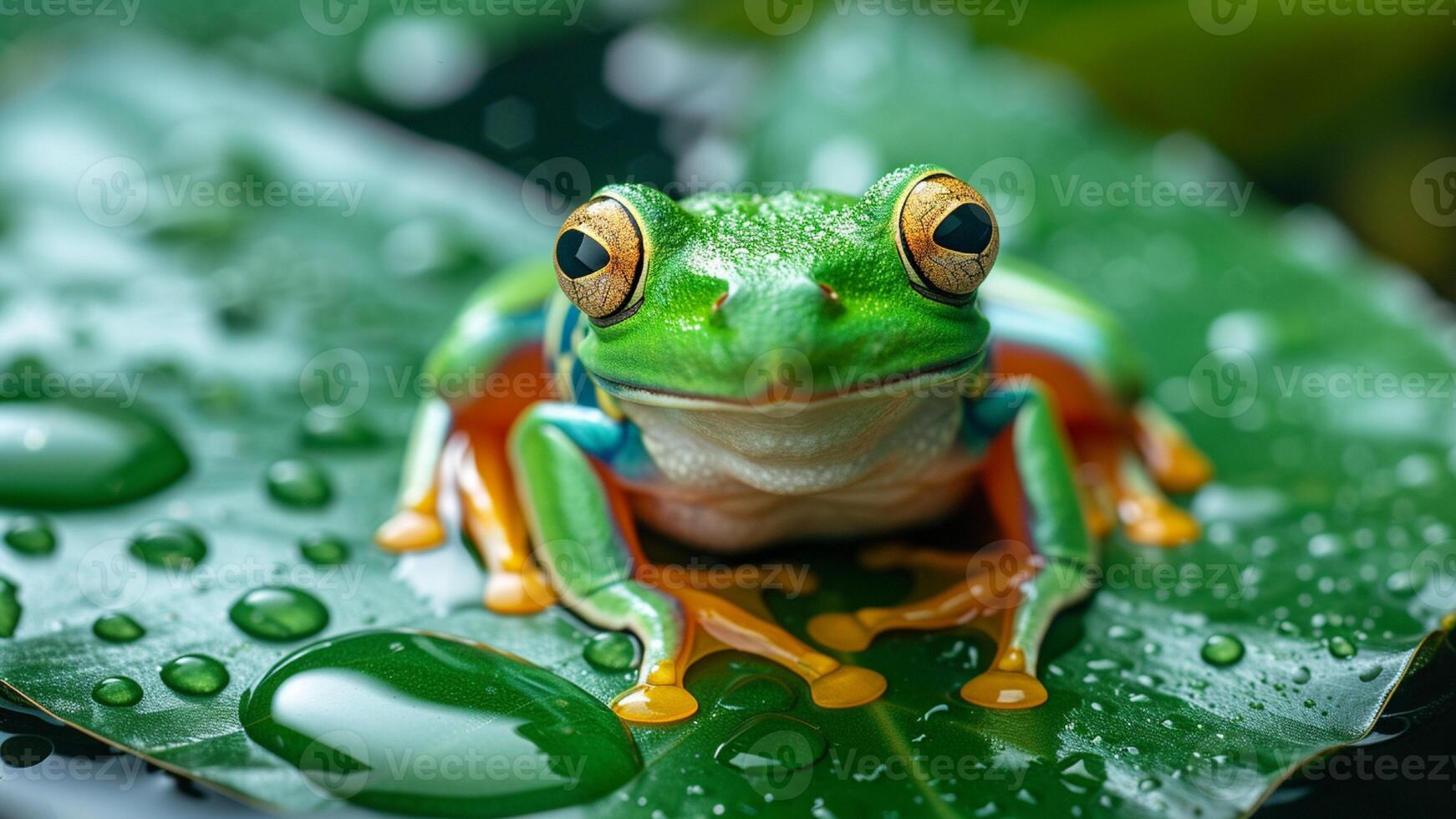 AI generated a bright green tree frog sitting on a leaf above the water photo