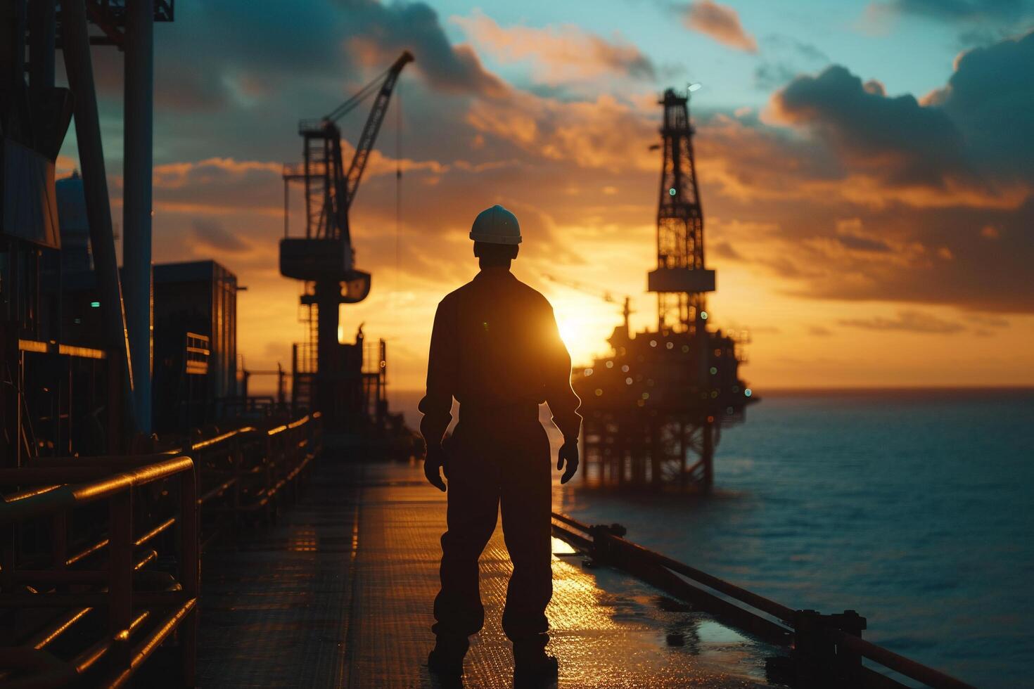 AI generated Offshore Oil Worker Overlooking Rig at Sunset with AI generated. photo