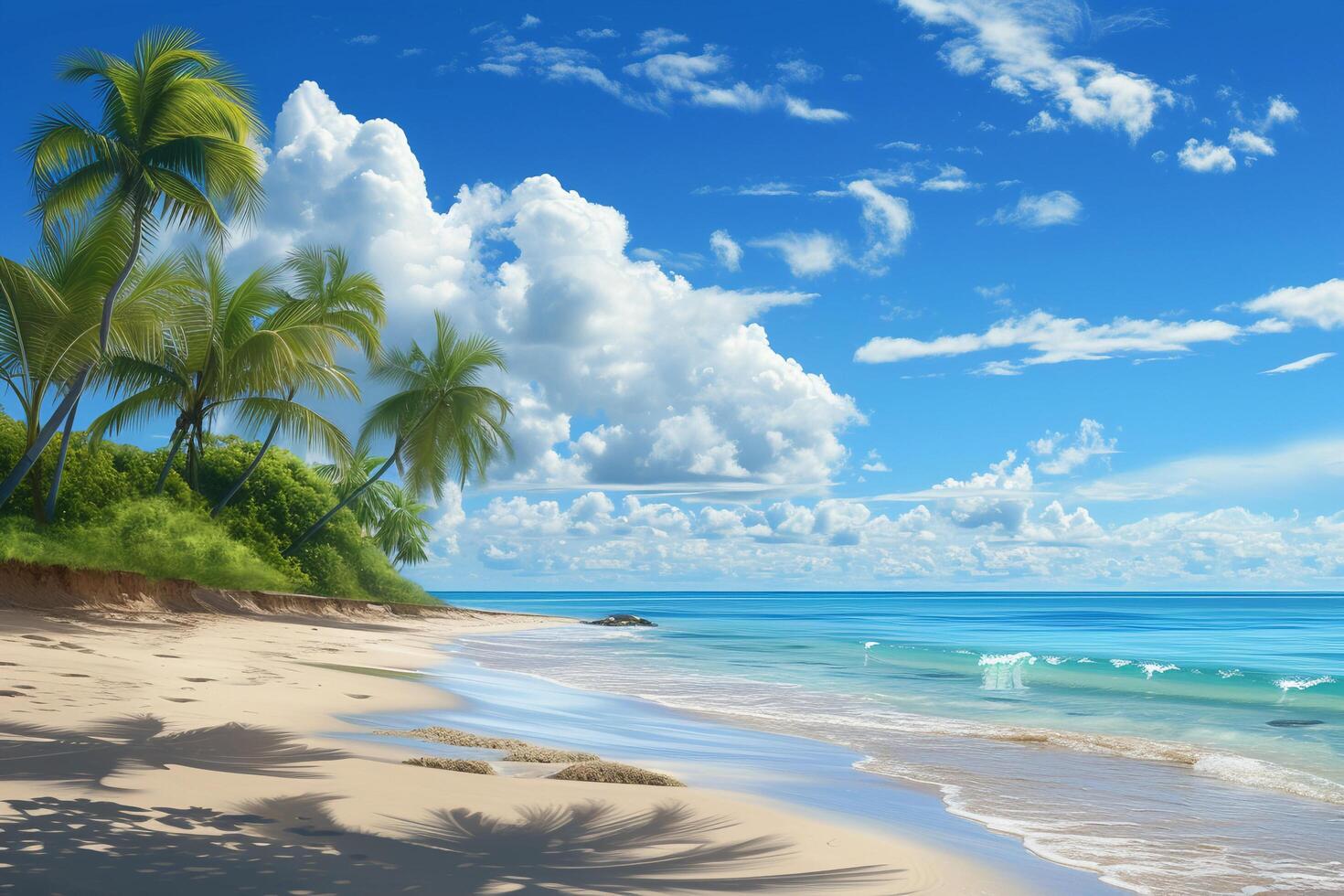 AI generated Tropical beach with palm trees and turquoise sea. photo