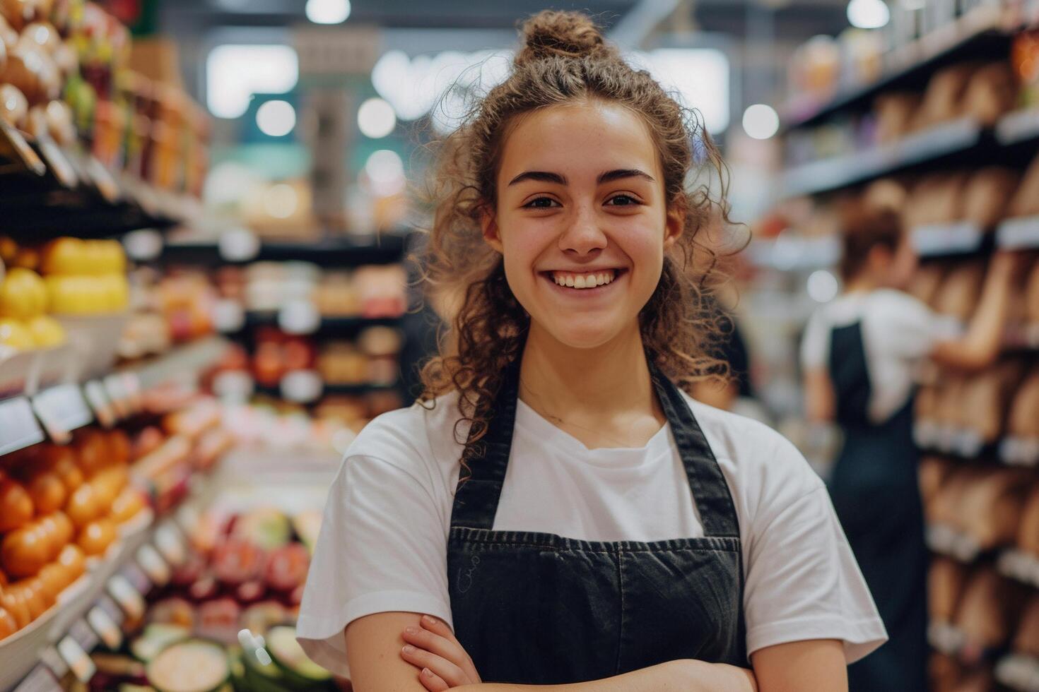 ai generado simpático supermercado personal miembro sonriente a trabajo con ai generado. foto