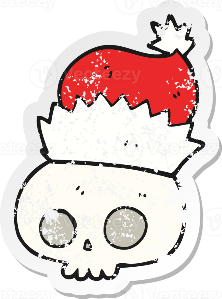 retro distressed sticker of a cartoon skull wearing christmas hat png