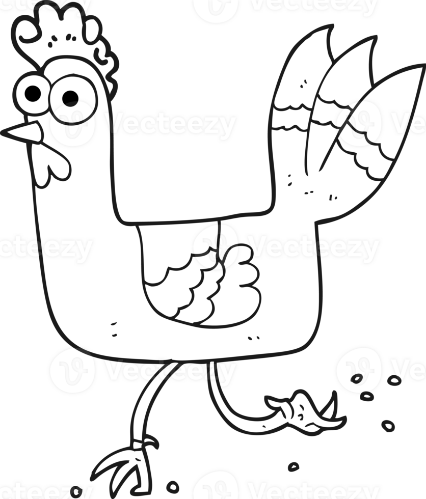 black and white cartoon chicken running png