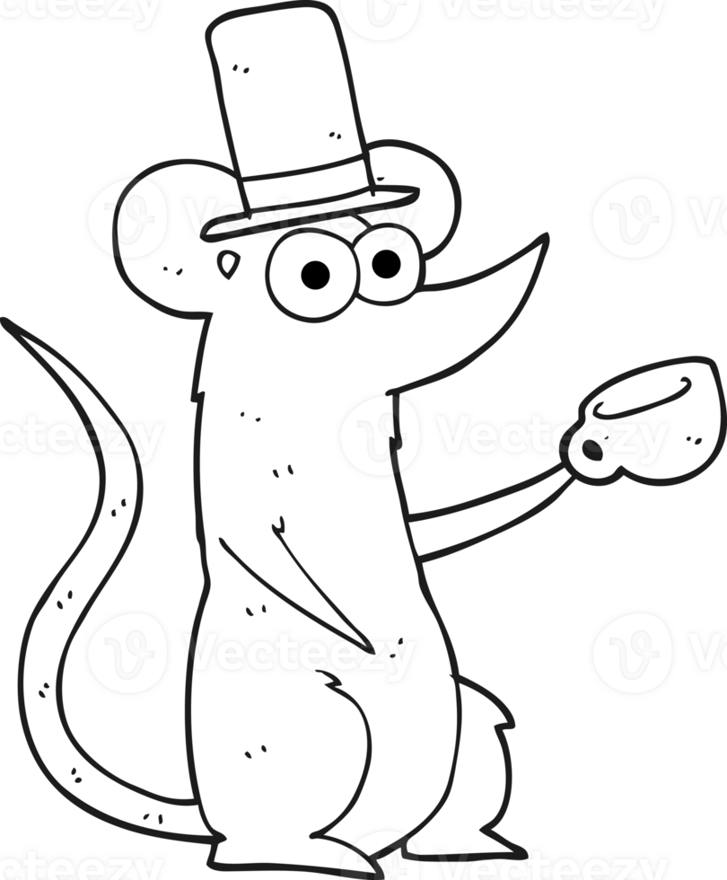 black and white cartoon mouse with cup and top hat png