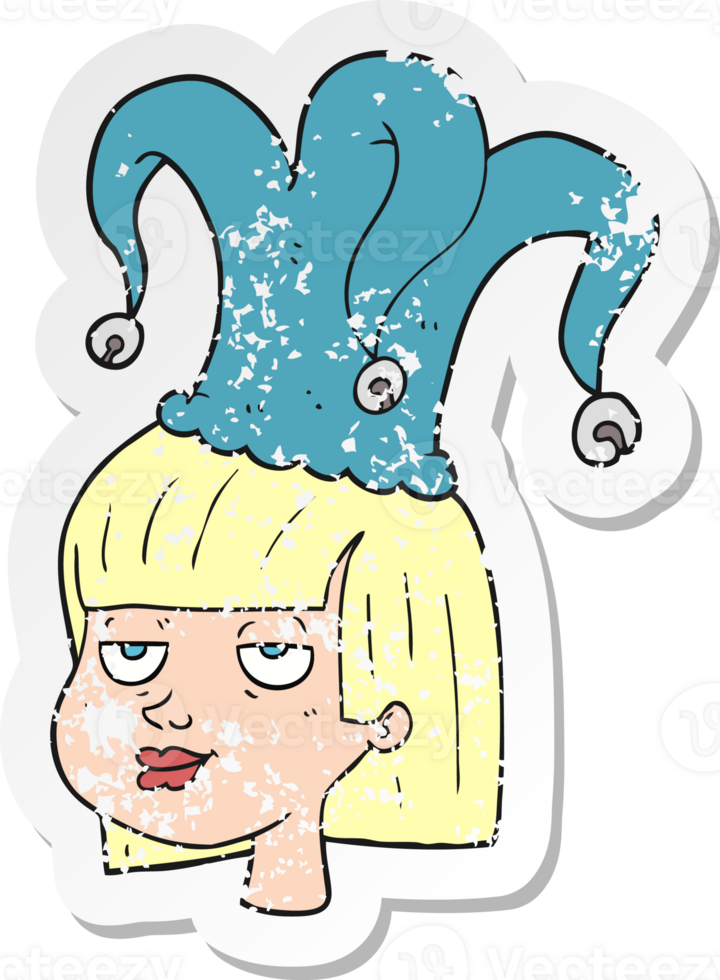 retro distressed sticker of a cartoon woman wearing jester hat png