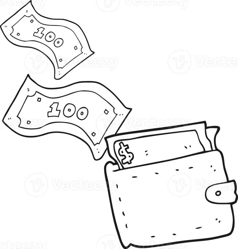 black and white cartoon wallet full of money png