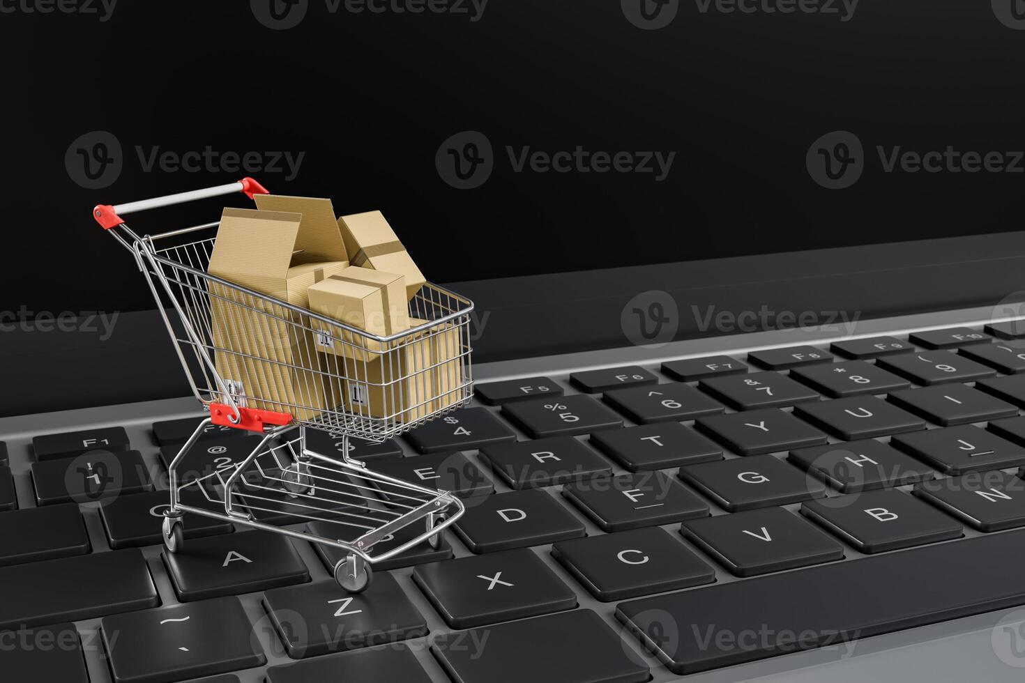 Shopping Cart with Cardboard Boxes on Computer Keyboard photo