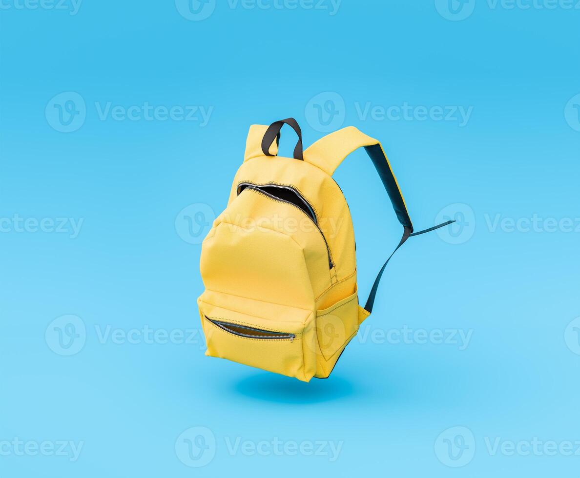 Yellow Backpack Suspended in Air on Blue Background photo