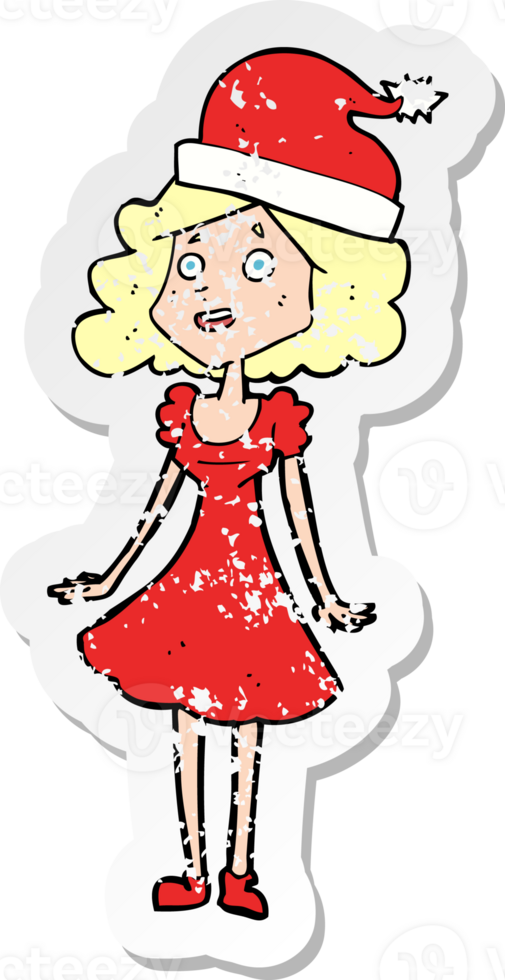retro distressed sticker of a cartoon woman dressed for christmas png