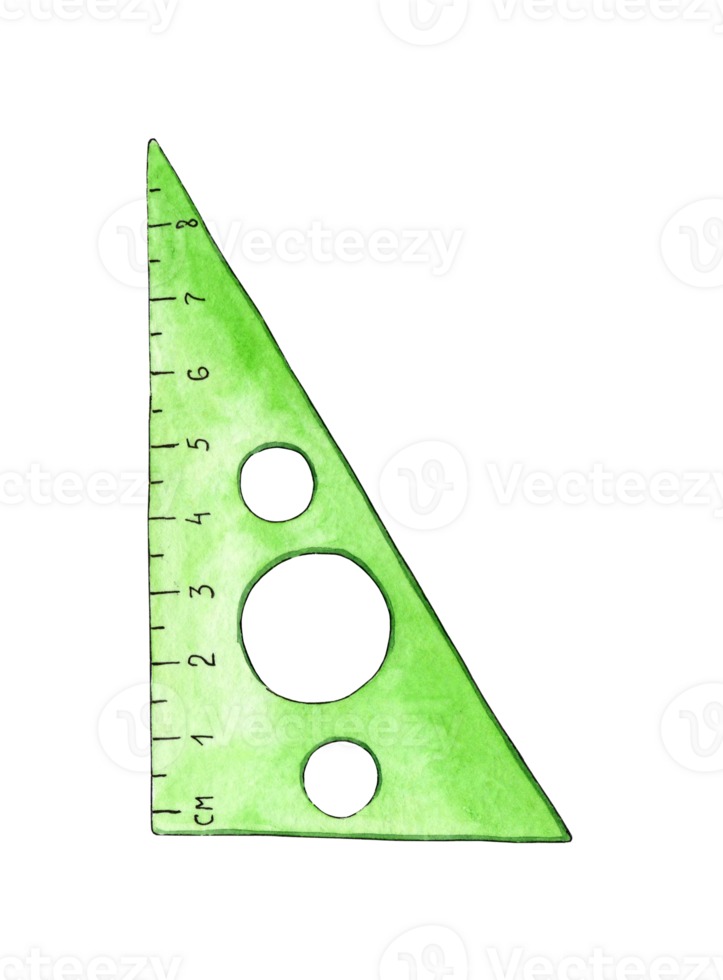 Watercolor illustration green triangular plastic measuring ruler. Draw, measure and edit. Back to School Writing supplies for posters, posters, postcards, holiday decor. Isolated png