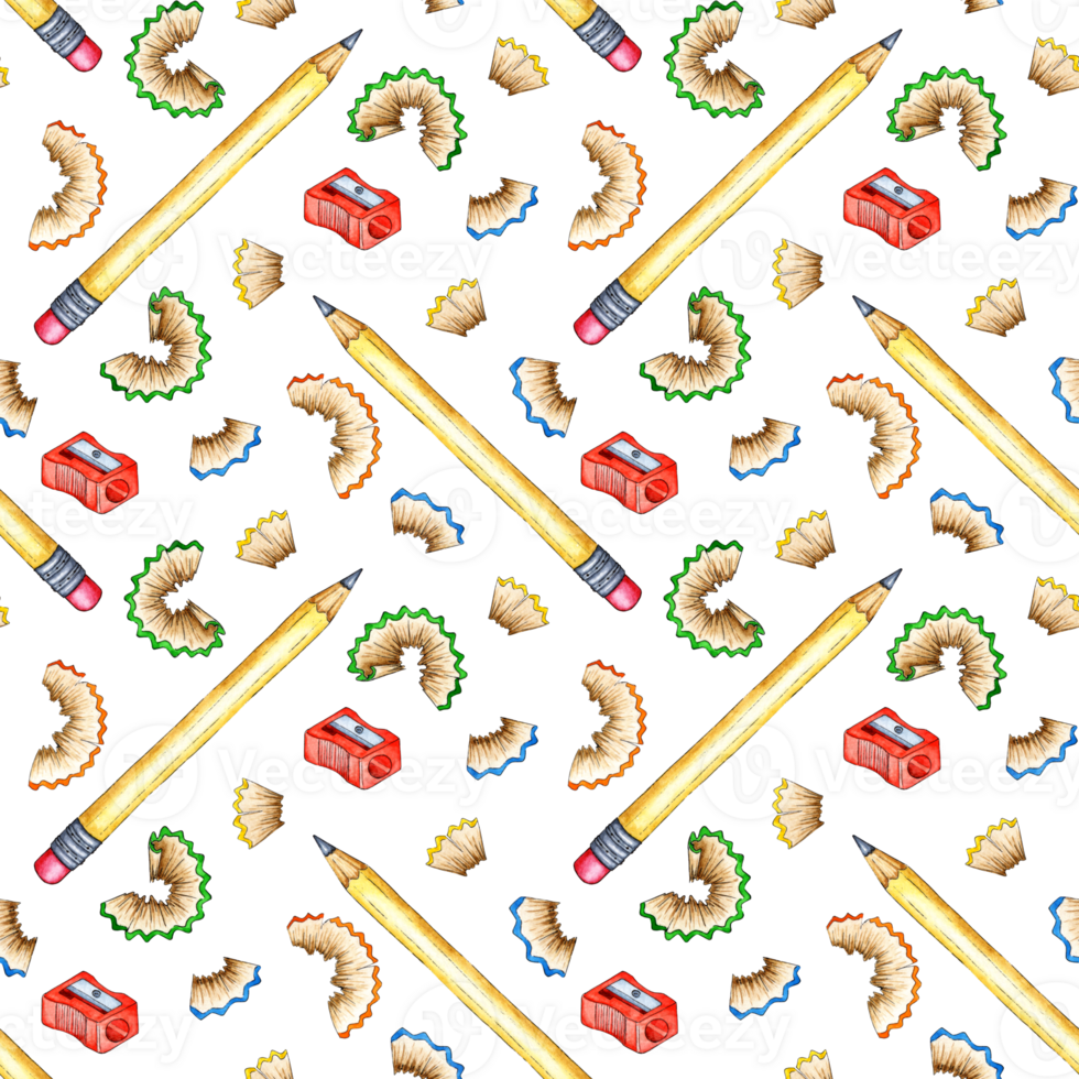 Watercolor illustration pattern of a simple pencil, chisel and red sharpener. Draw, sharpen and take notes. Back to School Writing supplies for posters, posters, postcards, holiday decor. Isolated png