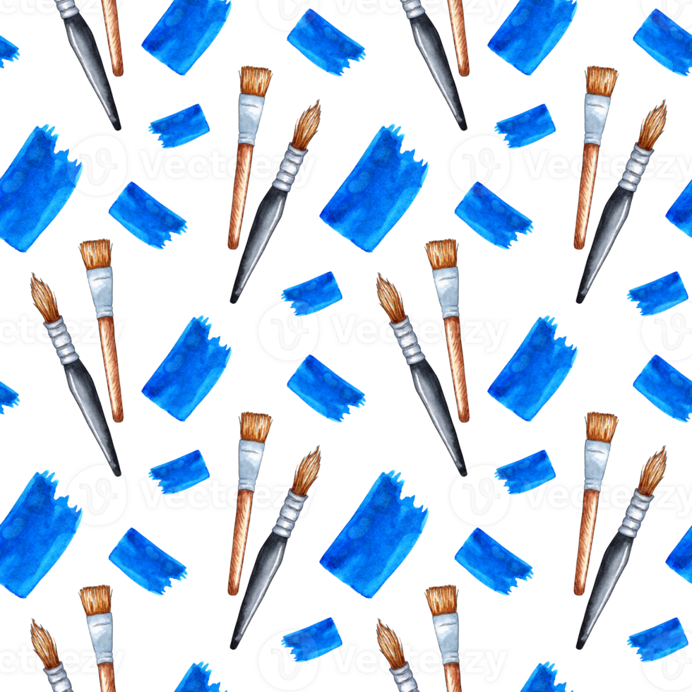 Watercolor illustration of a pattern of brushes for painting and stains of blue paint. Back to school Goods for creativity. The working tool of the artist. For posters, banners, postcards, holiday. png
