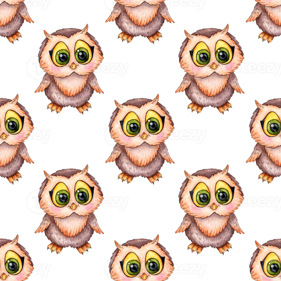 Watercolor illustration pattern of a cartoon owlet. Smart owl. Back to school. Ideal for t-shirts, cards, prints. Isolated. Drawn by hand. png