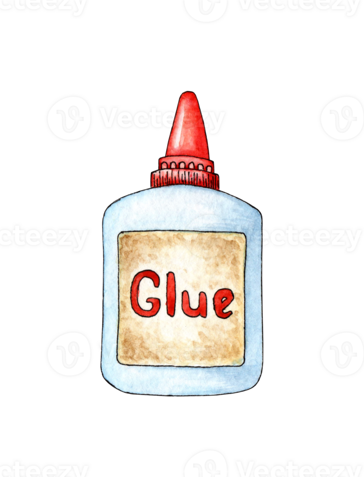 Watercolor illustration of PVA glue packaging. Back to School Art supplies. Sticky liquid in a container. Suitable for posters, posters, postcards, holiday decor. Isolated. Drawn by hand. png