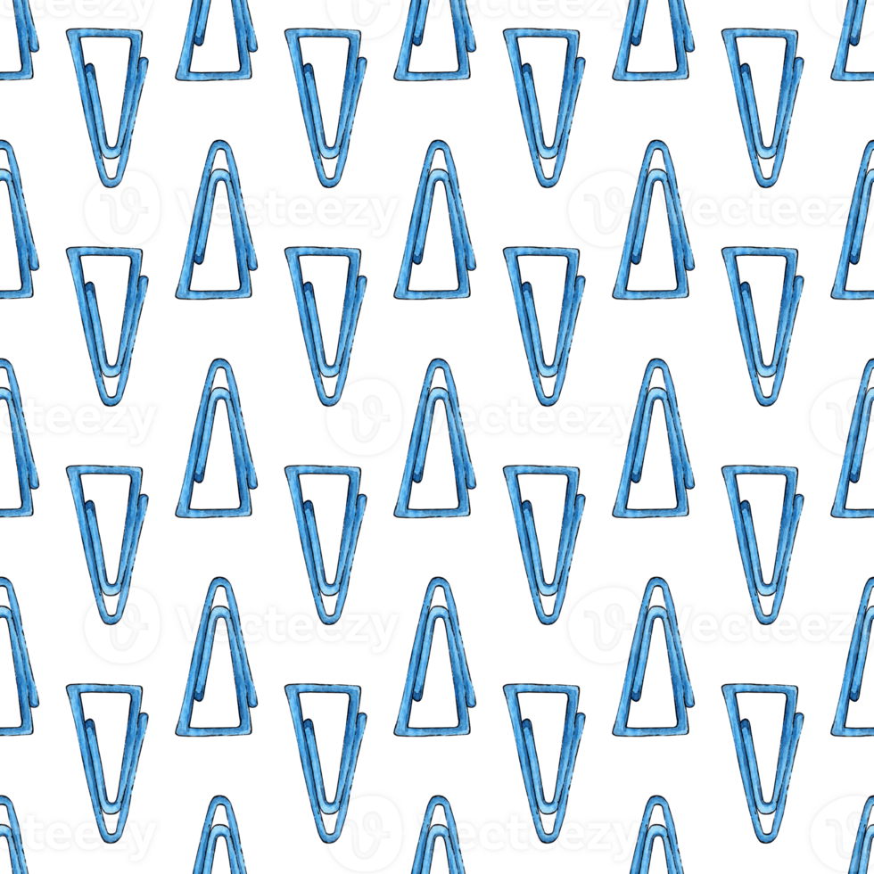 Watercolor illustration of a pattern of blue triangular paper clips. Collection of office tools. School supplies Back to school. Suitable for posters, posters, postcards, holiday decor. Separate png