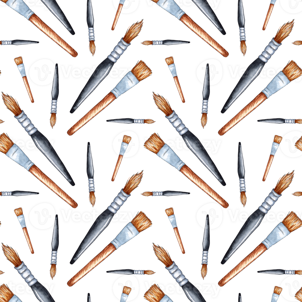 Watercolor illustration of a pattern of brushes for painting. Back to school Goods for creativity. The working tool of the artist. For posters, banners, postcards, holiday. Isolated png