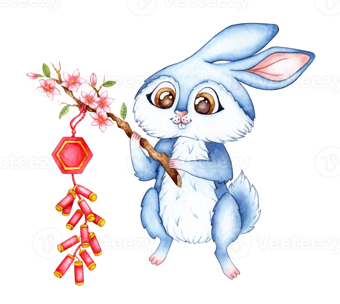 A watercolor illustration of a blue bunny with a blossoming branch containing chinese crackers. Holiday, celebration, New Year. Ideal for t-shirts, cards, prints. Isolated png