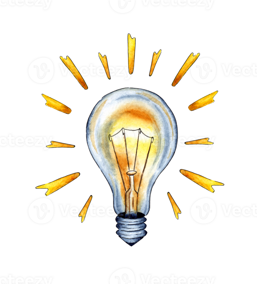 Watercolor illustration of a yellow glowing light bulb with rays. Edison lamp, incandescent lamp, Ilyich. Creative thinking and unique ideas. Isolated Drawn by hand. png