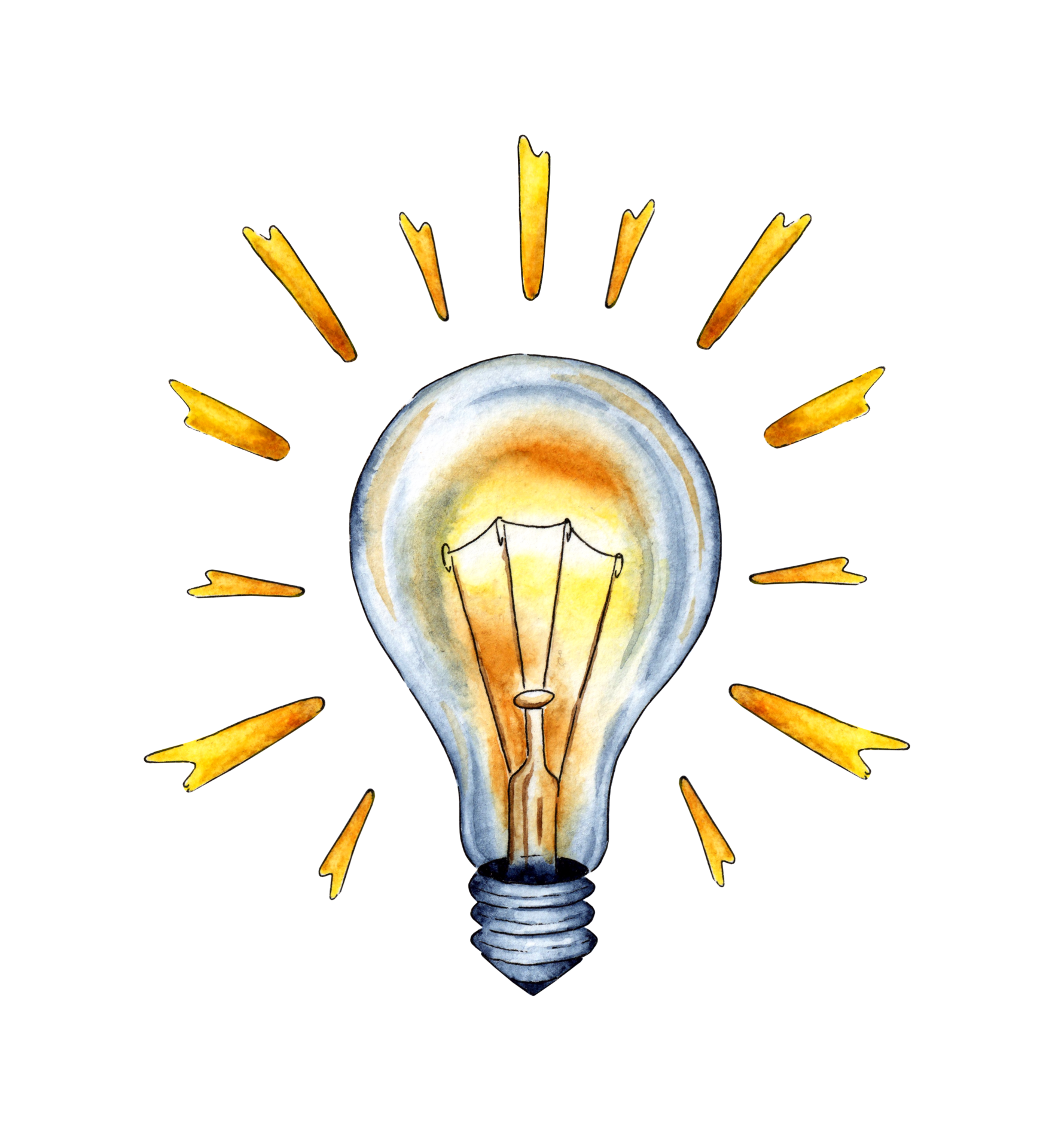 Watercolor illustration of a yellow glowing light bulb with rays