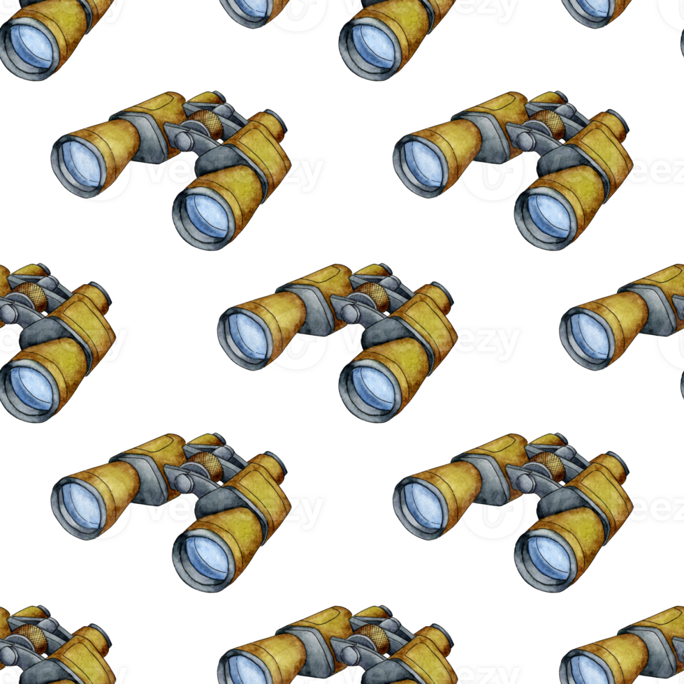 Watercolor illustration pattern of green binoculars. Object for monitoring remote objects. For the design of design compositions on the theme of tourism, hiking, outdoor recreation. Isolated png