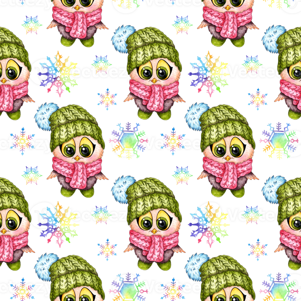 Watercolor illustration pattern of a cartoon owlet in a cap and snowflakes. Smart owlet. Back to school. Ideal for t-shirts, cards, prints. Isolated. Drawn by hand. png
