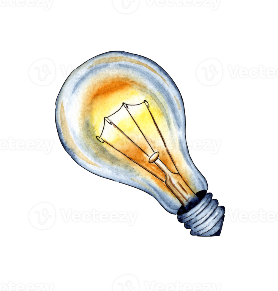Watercolor illustration of a yellow glowing light bulb. Edison lamp, incandescent lamp, Ilyich. Creative thinking and unique ideas. Isolated Drawn by hand. png
