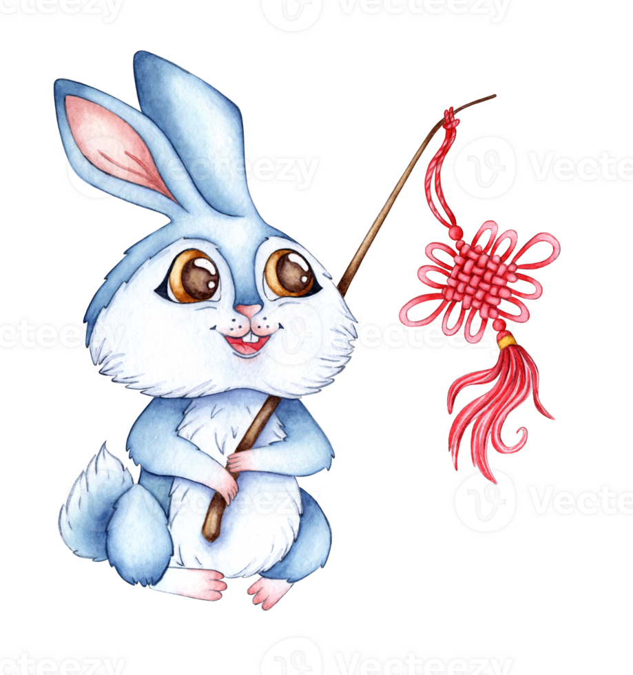 Watercolor illustration of a blue rabbit with a stick on which is a Chinese keychain. Holiday, celebration, New Year. Ideal for t-shirts, cards, prints. Isolated. drawn png