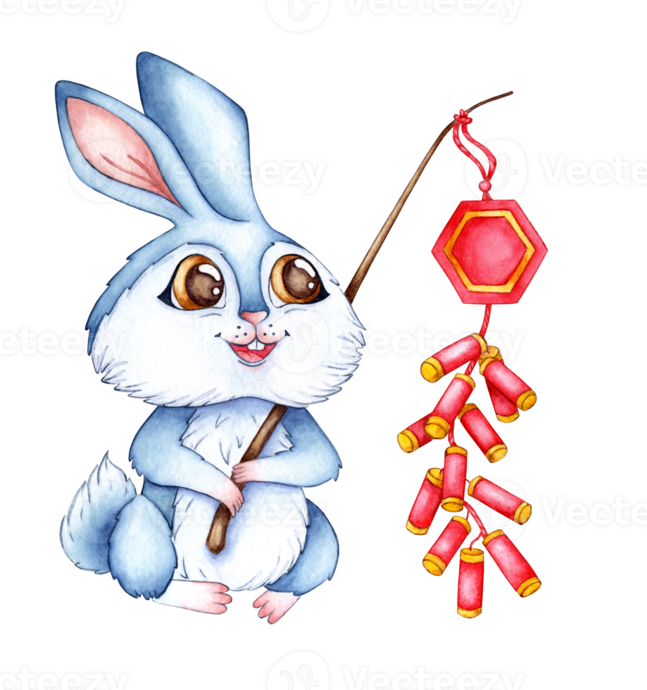 Watercolor illustration of a blue rabbit with a stick containing Chinese crackers. Holiday, celebration, New Year. Ideal for t-shirts, cards, prints. Isolated png
