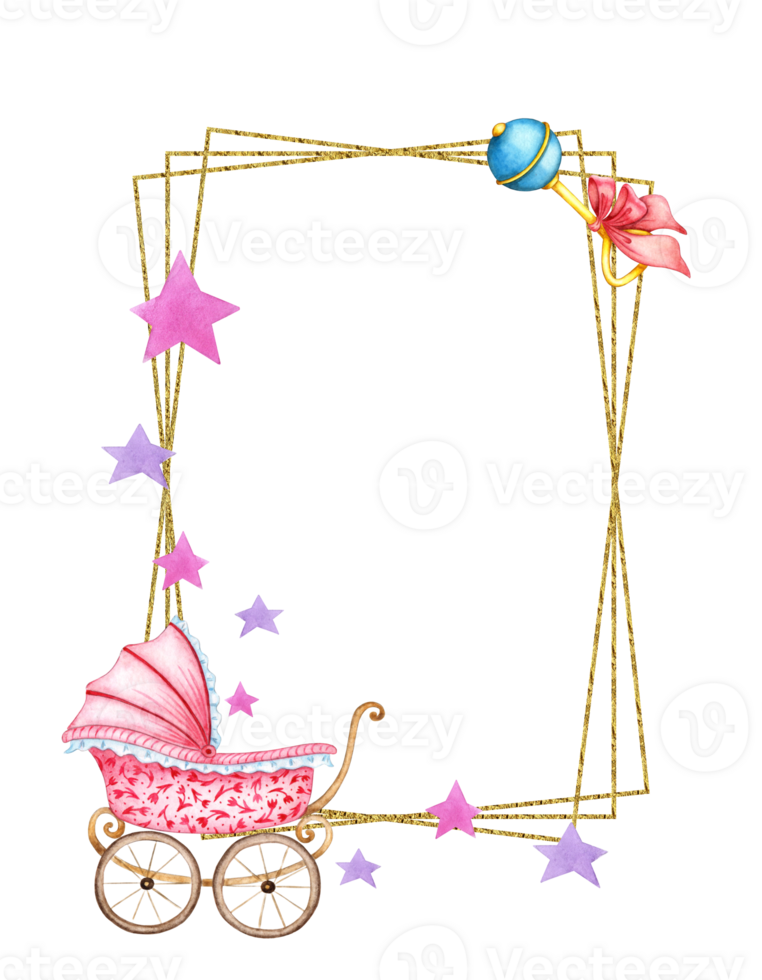 Watercolor illustration of golden rectangular frame of baby supplies. Pink stroller, rattle and stars. Isolated on white. Composition for metric, scrapbooking, card, packaging, design, invitation png