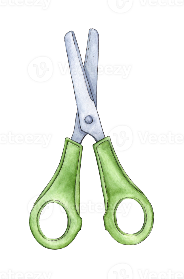 Watercolor illustration of green stationery scissors. Use for poster, print, postcard, template, pattern, shop, advertising, design, children's book. Isolated png