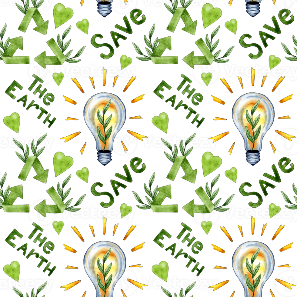 Watercolor illustration pattern of green garbage recycling sign with grass sprouts, light bulb and lettering. Isolated on a white background. Reuse environmental design symbol. Wasteless lifestyle. png