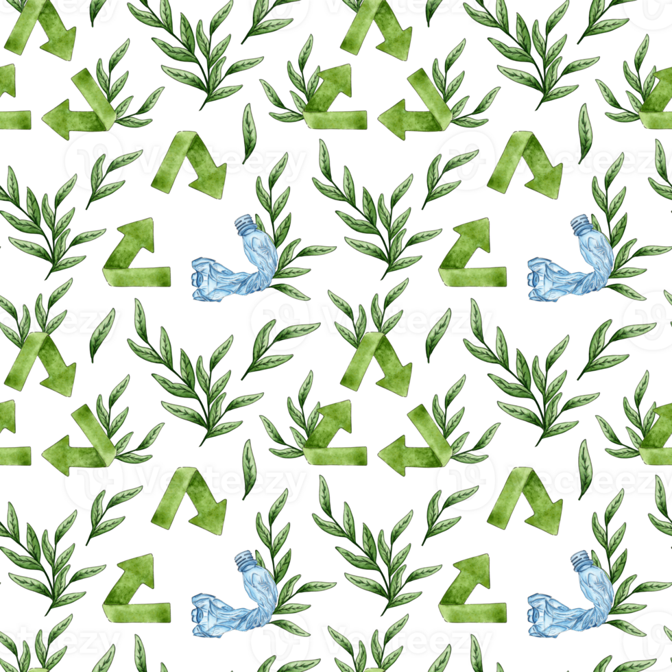 Watercolor illustration of a pattern of a green garbage recycling sign with a plastic bottle and grass sprouts. Isolated. Reuse environmental design symbol. Wasteless lifestyle. Hand drawn. png