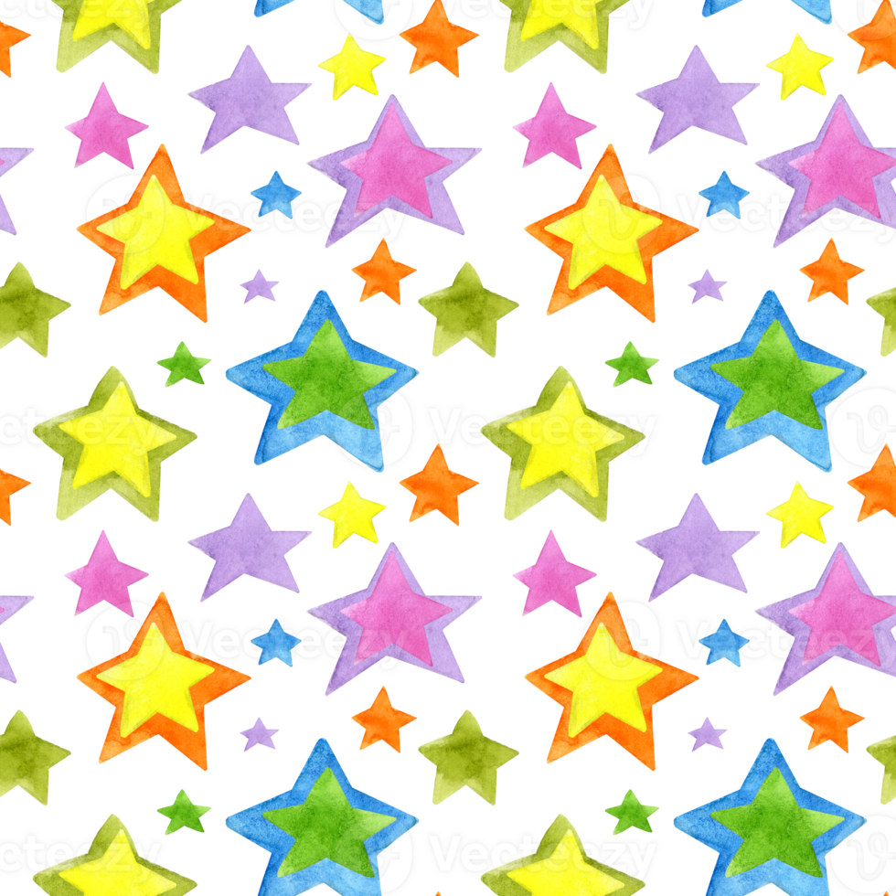 Watercolor illustration of a pattern of celestial bodies. Multicolored hand-drawn doodle stars. Template for space banner or poster. Elements of astronautics. Children's drawings. Isolated png