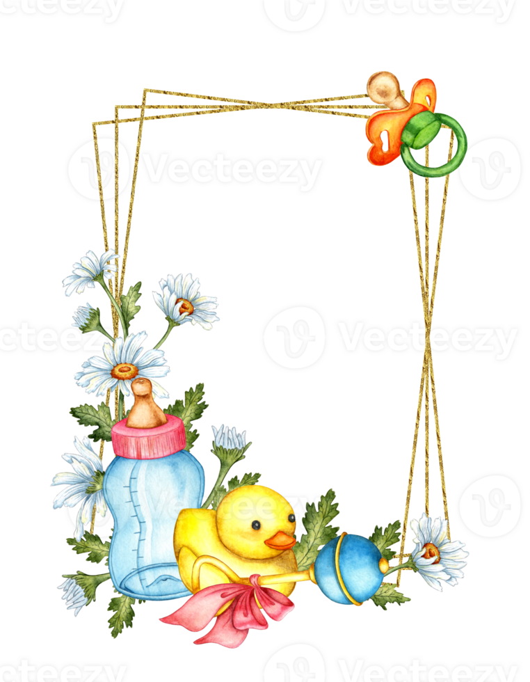 Watercolor illustration of a frame of children's toys, supplies and daisies. Bottle, rubber duck, rattle, pacifier. Isolated. Composition for metric, scrapbooking, card, packaging, design, png