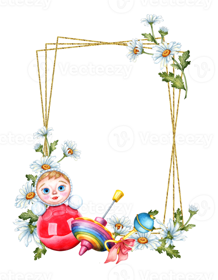 Watercolor illustration of a frame of children's toys and flowers. Tumbler, spinning top, rattle and daisies. Isolated. Composition for wallpaper, wrapping paper, packaging, design, invitation, card, png