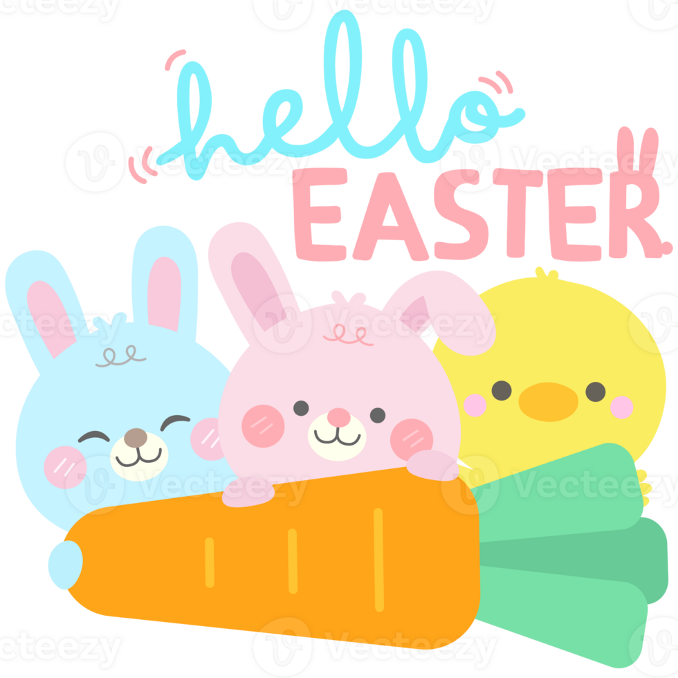 hello spring easter little bunnies and chick hides behind giant carrot with hello easter typography png
