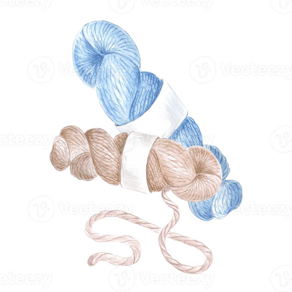 Skeins of yarn blue and brown threads. Watercolor composition. Template illustration of cotton, wool for hobby knitters. Isolated hand drawn illustration for postcards, knitter blog, needlework store. png