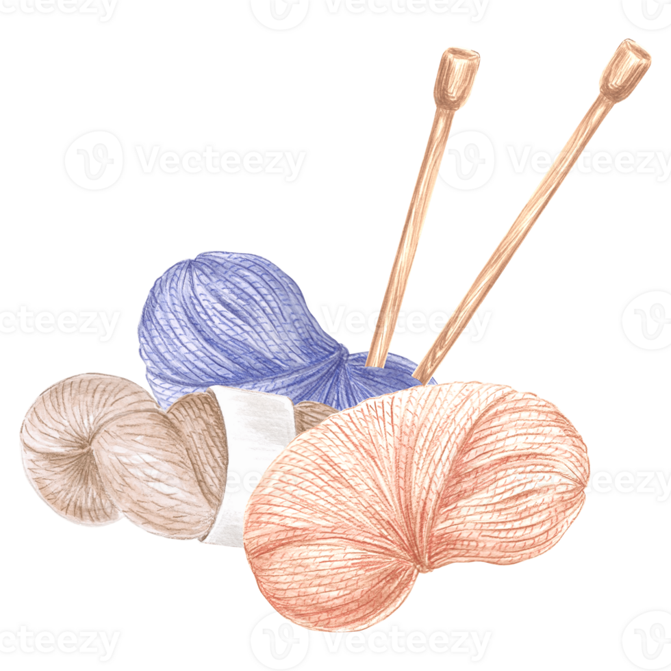 Three skeins of yarn and wooden knitting needles. Watercolor template illustration of tangles of wool knitting. Isolated hand drawn illustration for cards, knitter blog, needlework store, embroidery. png