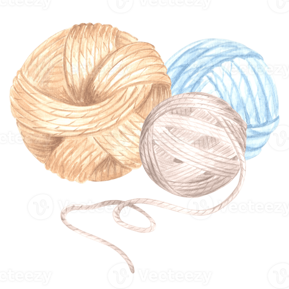 Watercolor three tangles of  threads, wool knitting yarn. Template illustration knitting crochet hook and needles. Isolated hand drawn illustration for card, knitter blog, needlework store, embroidery png