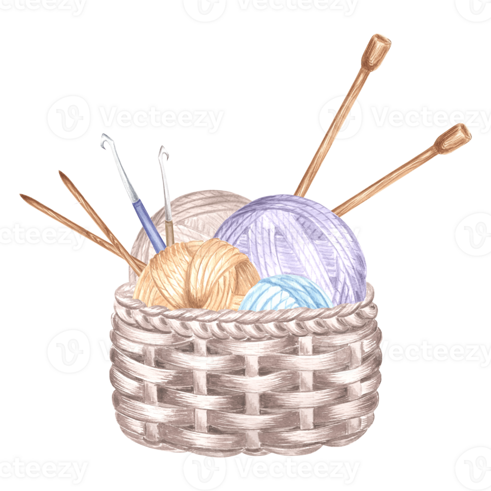 emaranhados do tópicos dentro cesta, de madeira tricô agulhas e crochê ganchos. aguarela modelo ilustração do passatempo tricô. isolado mão desenhado ilustração para cartão, tecelão blog, bordado loja. png