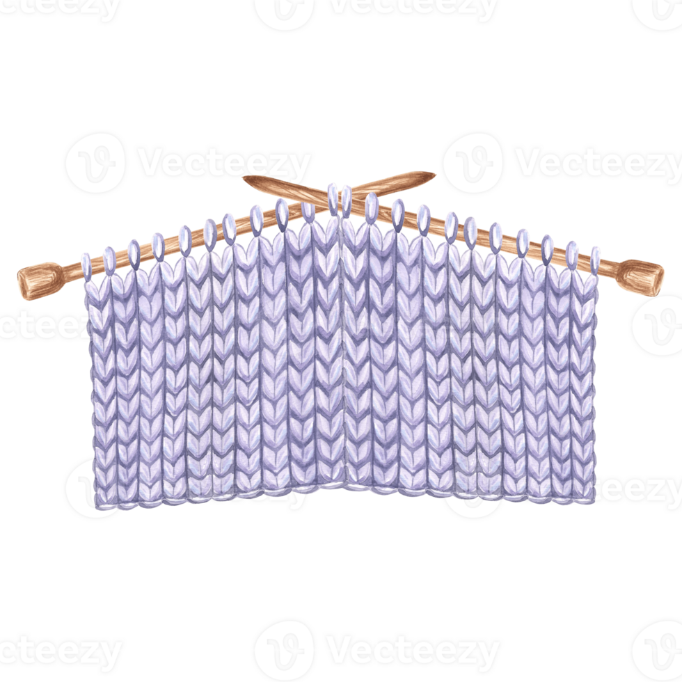 Knitted fabric sample purple on a knitting needles. Watercolor template illustration for wool knitting hobby. Isolated hand drawn illustration for postcard, knitter blog, needlework store, embroidery. png