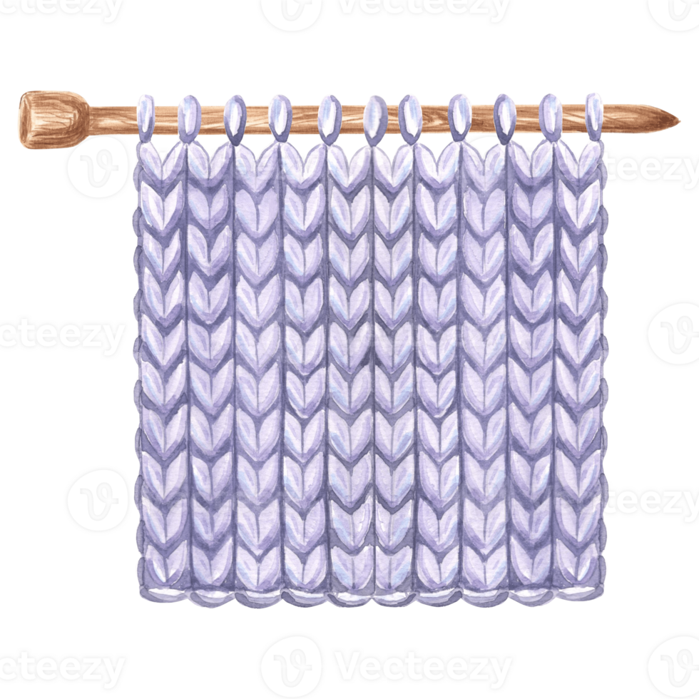 Knitted fabric sample purple on a knitting needles. Watercolor template illustration for wool knitting hobby. Isolated hand drawn illustration for postcard, knitter blog, needlework store, embroidery. png