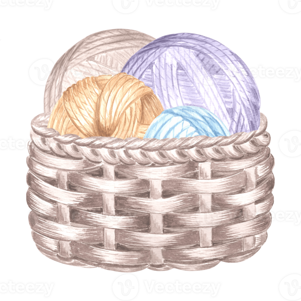 Tangles of colorful yarn and threads in wicker basket. Watercolor illustration template of balls of wool for hobby knitting. Isolated hand drawn illustration for card, knitter blog, needlework store. png