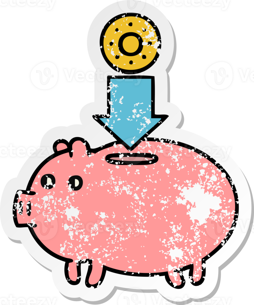 distressed sticker of a cute cartoon piggy bank png