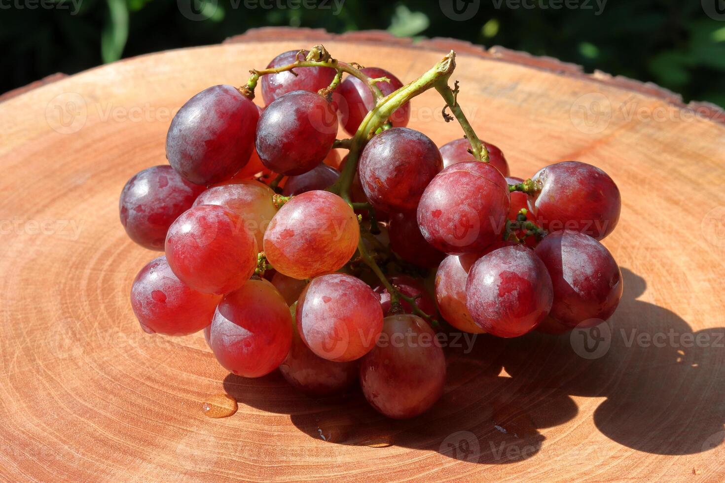 A lot of ripe purple grapes on wooden background photo